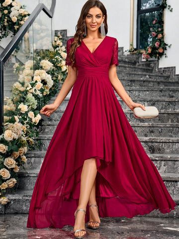 Plus Size Women Solid V-Neck Short Sleeve Asymmetric Hem Elegant Bridesmaid Dress (Adult)