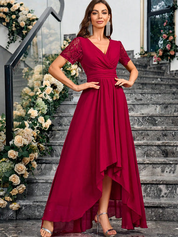 Plus Size Women Solid V-Neck Short Sleeve Asymmetric Hem Elegant Bridesmaid Dress (Adult)