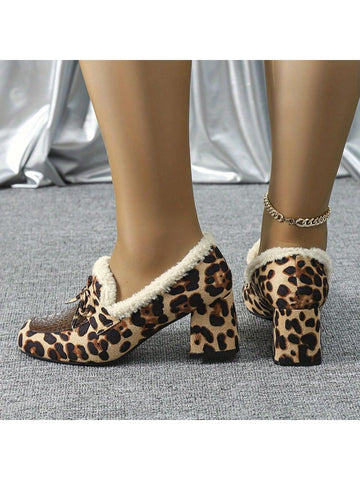 Plus Size Women Square Toe Leopard Print Chunky Heel Mary Jane Flats, Winter