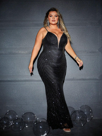 Plus Size Women's Black Sequined Mermaid Formal Evening Dress With Spaghetti Straps