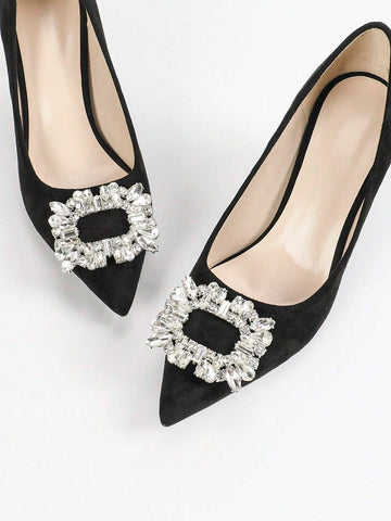 Plus Size Women's Black Suede Professional Work Shoes Elegant Crystal Thin High Heels