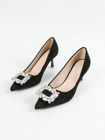 Plus Size Women's Black Suede Professional Work Shoes Elegant Crystal Thin High Heels