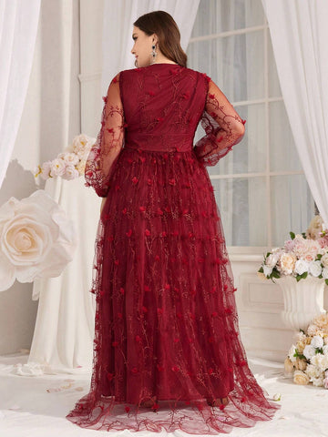 Plus Size Women's Floral Embroidery Mesh Lantern Sleeve Cocktail Dress