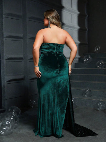 Plus Size Women's Glamorous Strapless High Slit Green Maxi Dress