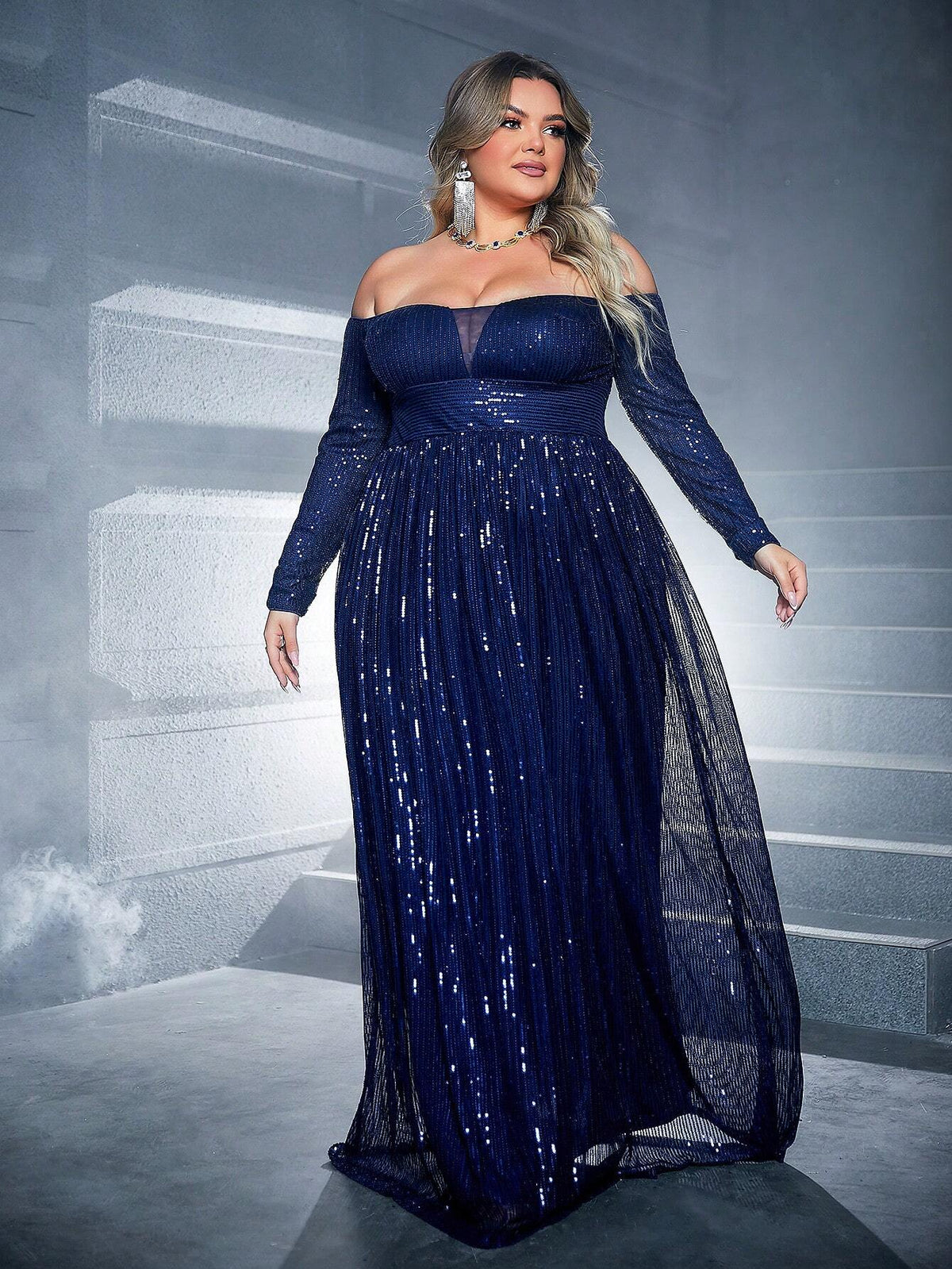 Plus Size Women's Gorgeous Blue One Shoulder Long Sleeve Maxi Dress