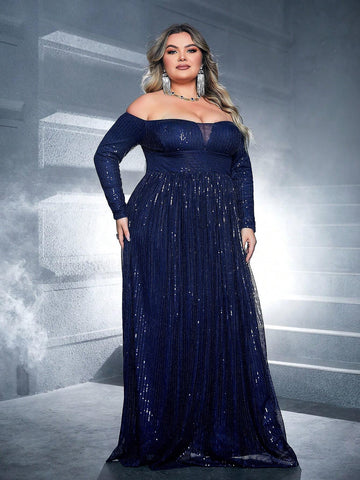 Plus Size Women's Gorgeous Blue One Shoulder Long Sleeve Maxi Dress