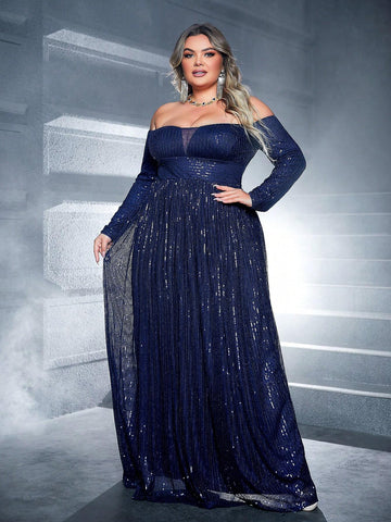 Plus Size Women's Gorgeous Blue One Shoulder Long Sleeve Maxi Dress