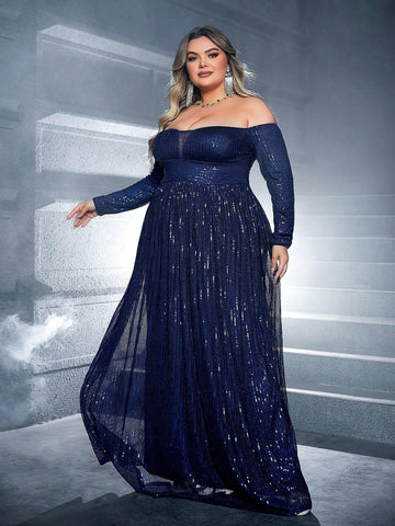 Plus Size Women's Gorgeous Blue One Shoulder Long Sleeve Maxi Dress