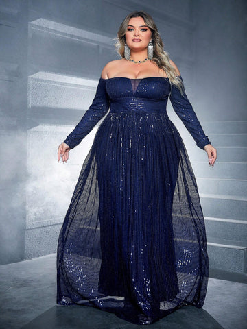 Plus Size Women's Gorgeous Blue One Shoulder Long Sleeve Maxi Dress