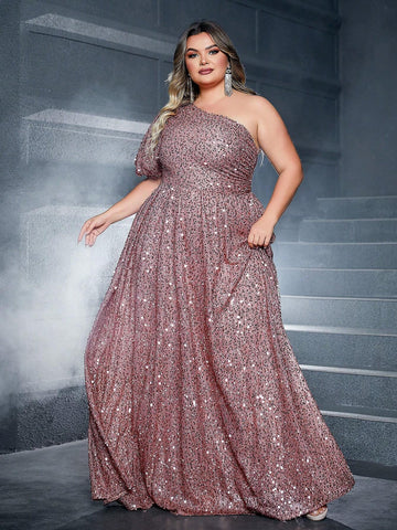 Plus Size Women's Gorgeous One Shoulder Brown Evening Dress