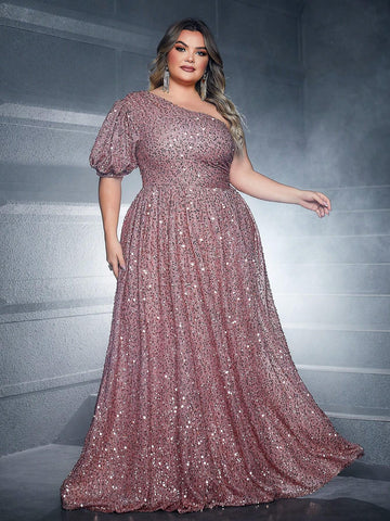 Plus Size Women's Gorgeous One Shoulder Brown Evening Dress