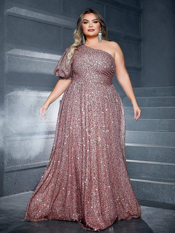 Plus Size Women's Gorgeous One Shoulder Brown Evening Dress