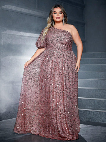 Plus Size Women's Gorgeous One Shoulder Brown Evening Dress