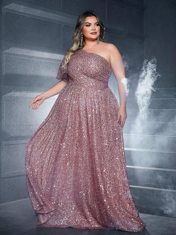 Plus Size Women's Gorgeous One Shoulder Brown Evening Dress