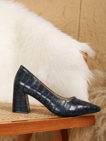 Plus Size Women's High Heel Pointed Toe Pumps, Chunky Heel Fashion Casual Shoes, Blue