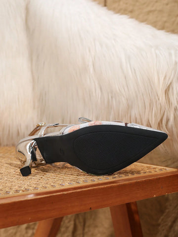 Plus Size Women's High Heel Shoes, Pointed Toe Stiletto Heels For Summer & Autumn, Fashionable Casual Professional Work Shoes For Women, Sexy Silver Mesh Transparent Breathable Buckle Closed-Toe Heels