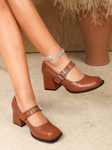 Plus Size Women's Mary Jane Pumps, Chunky Heels, Square Toe, Khak