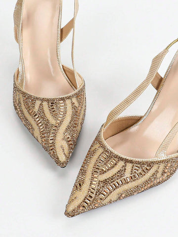 Women's Metallic Pineapple Shape Rhinestone Decor Pointed Toe Color Metallic Strap