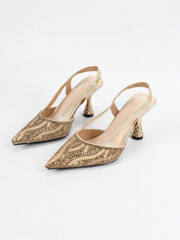 Women's Metallic Pineapple Shape Rhinestone Decor Pointed Toe Color Metallic Strap