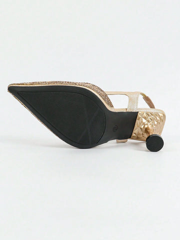 Women's Metallic Pineapple Shape Rhinestone Decor Pointed Toe Color Metallic Strap