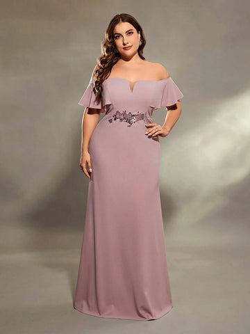 Plus Size Women's Off The Shoulder Ruffle Sleeve V-neck Glitter Waist Floral Decor Mermaid Bridesmaid Dress