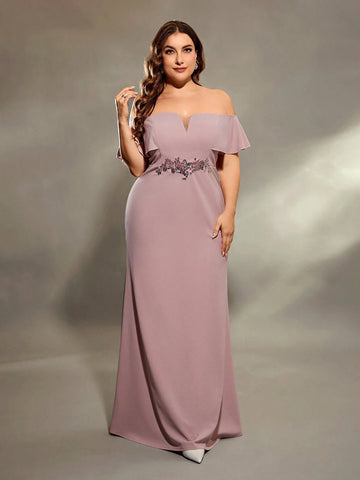 Plus Size Women's Off The Shoulder Ruffle Sleeve V-neck Glitter Waist Floral Decor Mermaid Bridesmaid Dress