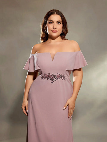 Plus Size Women's Off The Shoulder Ruffle Sleeve V-neck Glitter Waist Floral Decor Mermaid Bridesmaid Dress
