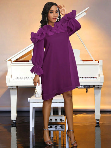 Plus Size Women's One Neckline Ruffled Off Shoulder Loose Fitting Dress