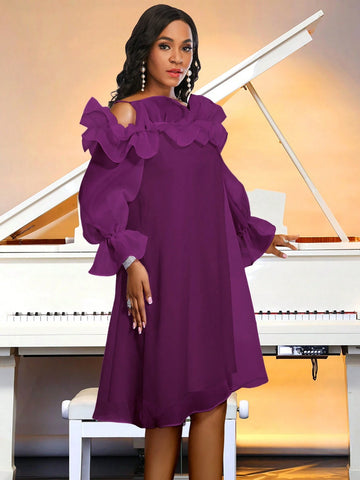 Plus Size Women's One Neckline Ruffled Off Shoulder Loose Fitting Dress