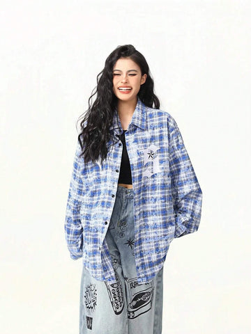 Plus Size Women's Plaid Long Sleeve Shirt, Casual Loose Button-Up Blouse Top, Suitable For Daily Wear And Home