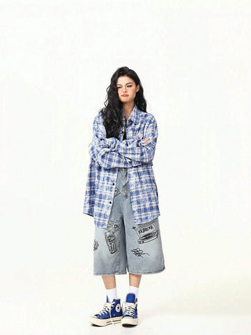 Plus Size Women's Plaid Long Sleeve Shirt, Casual Loose Button-Up Blouse Top, Suitable For Daily Wear And Home