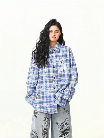 Plus Size Women's Plaid Long Sleeve Shirt, Casual Loose Button-Up Blouse Top, Suitable For Daily Wear And Home
