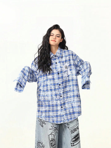 Plus Size Women's Plaid Long Sleeve Shirt, Casual Loose Button-Up Blouse Top, Suitable For Daily Wear And Home
