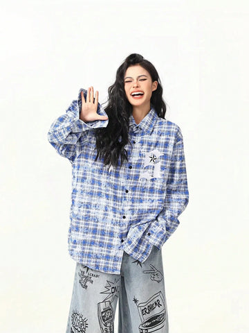 Plus Size Women's Plaid Long Sleeve Shirt, Casual Loose Button-Up Blouse Top, Suitable For Daily Wear And Home