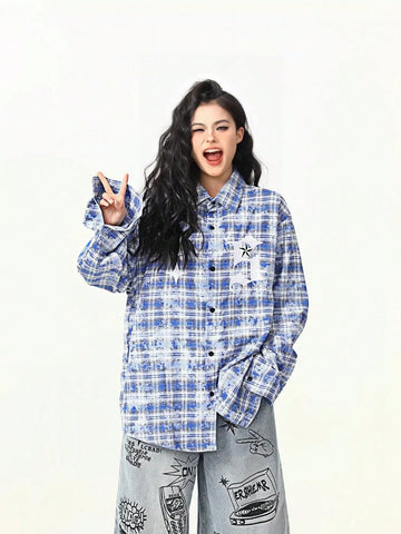 Plus Size Women's Plaid Long Sleeve Shirt, Casual Loose Button-Up Blouse Top, Suitable For Daily Wear And Home
