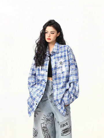 Plus Size Women's Plaid Long Sleeve Shirt, Casual Loose Button-Up Blouse Top, Suitable For Daily Wear And Home