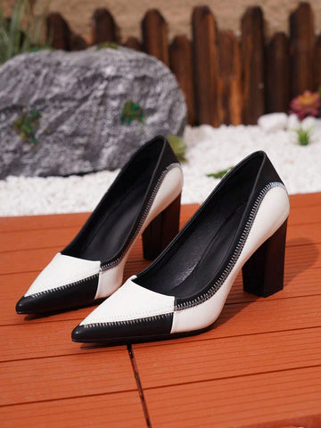 Plus Size Women's Pointed Toe High Heel Block Shoes, Elegant Black White Color Blocking Design