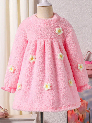 Plush Casual Dress For Toddler Girl, 3D Floral Thick Adorable Fashion Mini Skirt, Suitable For Outing, Party, Daily Casual Street Style, Autumn/Winter