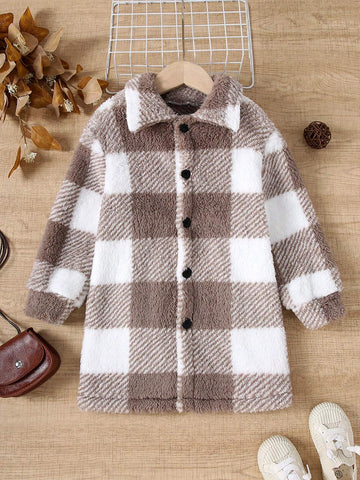 Plush Checkered Button Decor Long Sleeve Casual Loose Jacket For Girls, Autumn