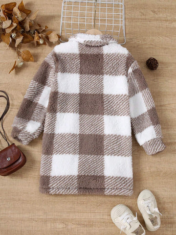 Plush Checkered Button Decor Long Sleeve Casual Loose Jacket For Girls, Autumn
