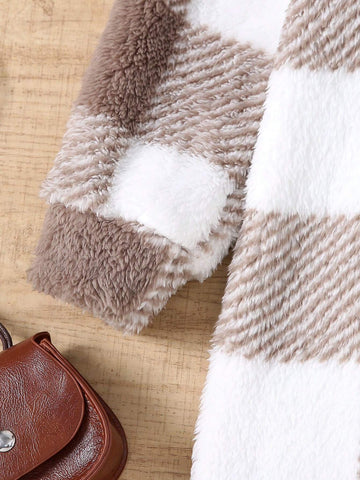 Plush Checkered Button Decor Long Sleeve Casual Loose Jacket For Girls, Autumn