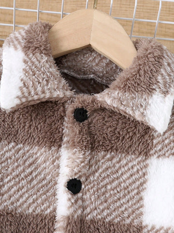 Plush Checkered Button Decor Long Sleeve Casual Loose Jacket For Girls, Autumn