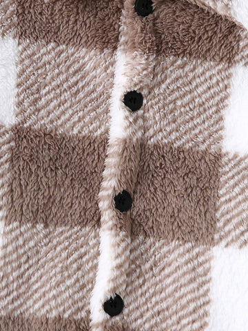Plush Checkered Button Decor Long Sleeve Casual Loose Jacket For Girls, Autumn