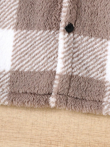 Plush Checkered Button Decor Long Sleeve Casual Loose Jacket For Girls, Autumn