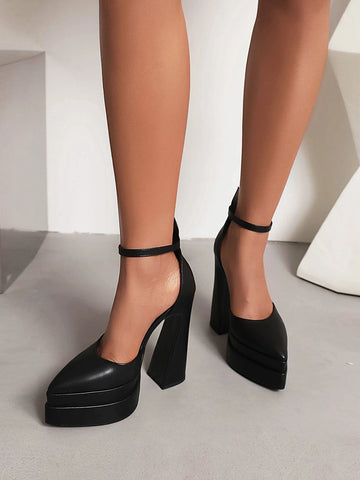 Point Toe Platform Chunky Heeled Ankle Strap Pumps