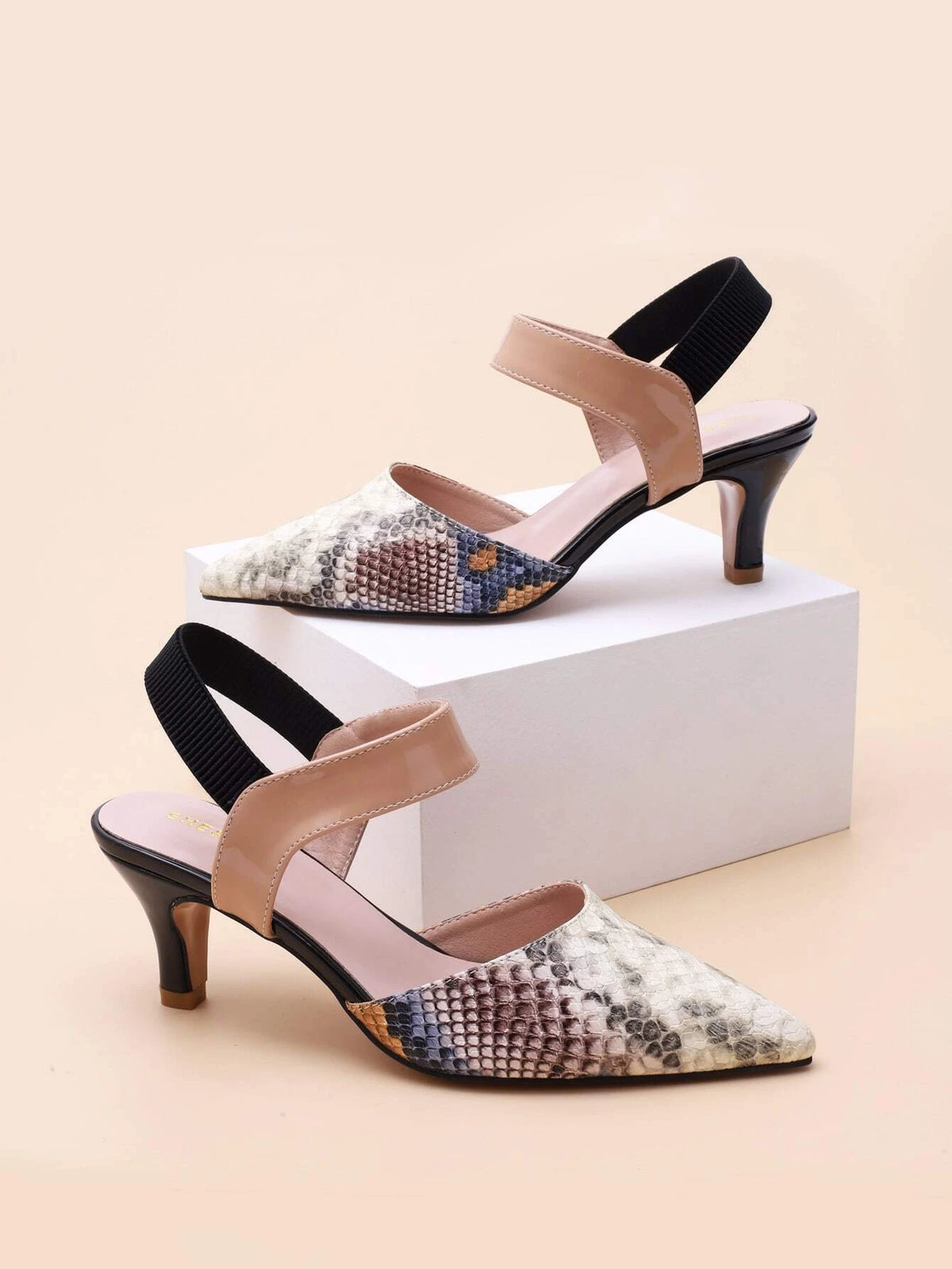 Point Toe Snakeskin Slingback Pumps,Women's Spring And Summer Multi-Color Snake-Print After-Tie Elastic Band Hollow