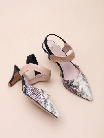 Point Toe Snakeskin Slingback Pumps,Women's Spring And Summer Multi-Color Snake-Print After-Tie Elastic Band Hollow