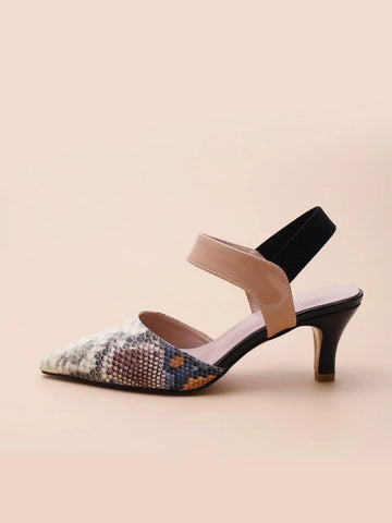 Point Toe Snakeskin Slingback Pumps,Women's Spring And Summer Multi-Color Snake-Print After-Tie Elastic Band Hollow