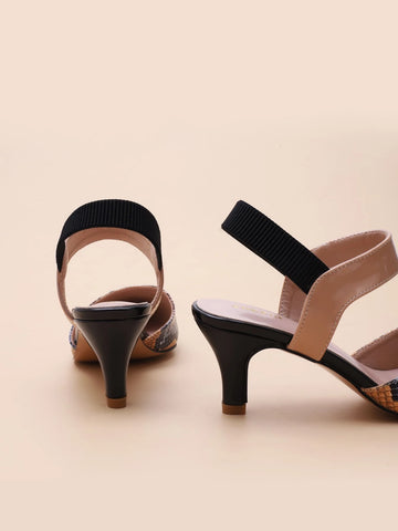 Point Toe Snakeskin Slingback Pumps,Women's Spring And Summer Multi-Color Snake-Print After-Tie Elastic Band Hollow