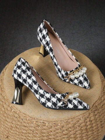 Pointed Toe Chunky Heel Black & White Patchwork Open Back Slip-On